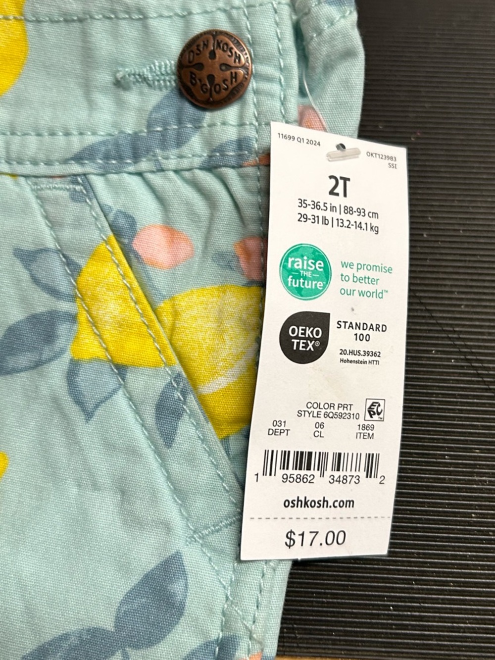 OshKosh B'gosh Kids Lemon Print Overalls - 2T - Picture 3 of 3